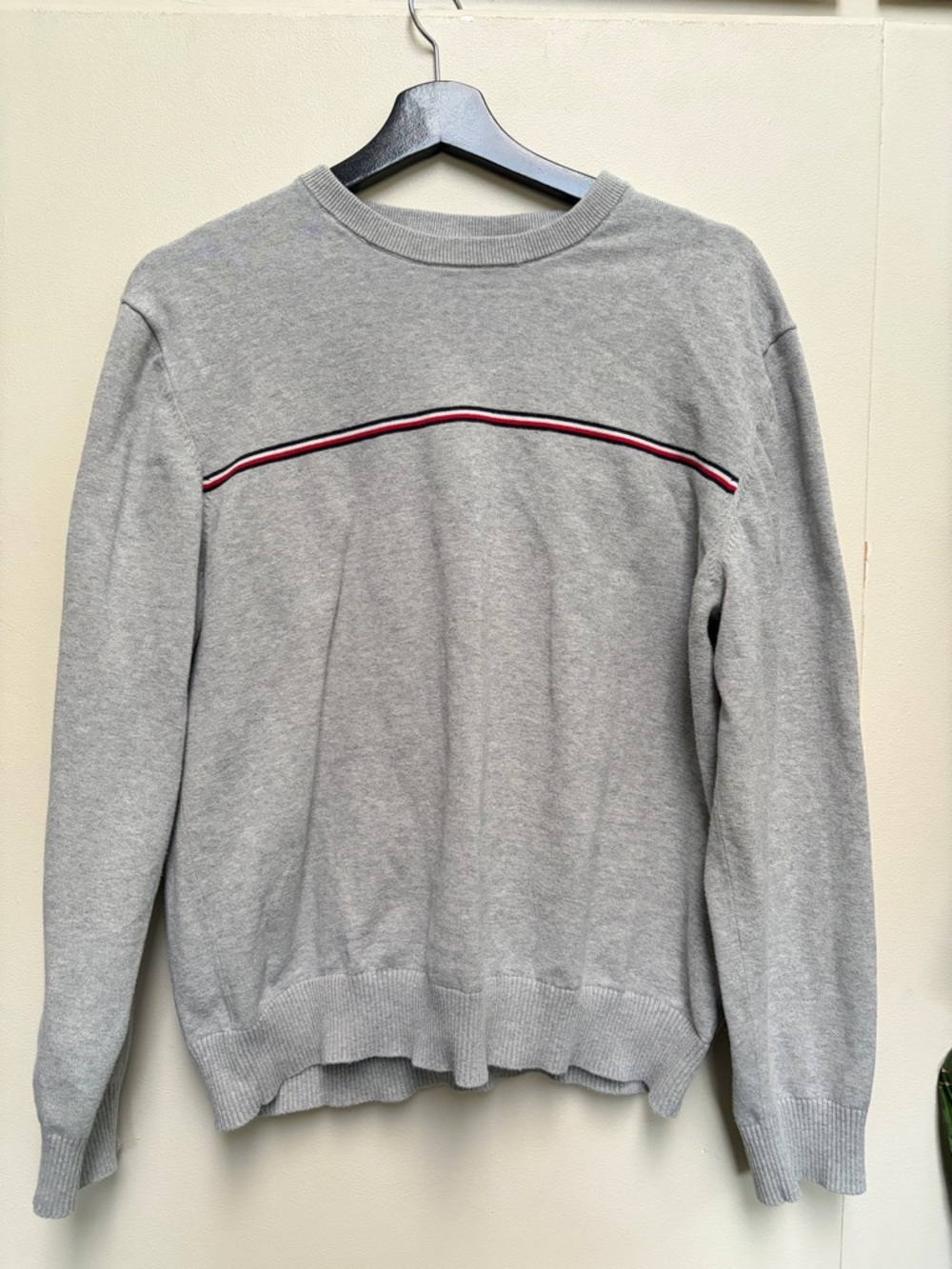 Tommy Hilfiger Men's Grey Crewneck Sweater with Red-Trim Detail